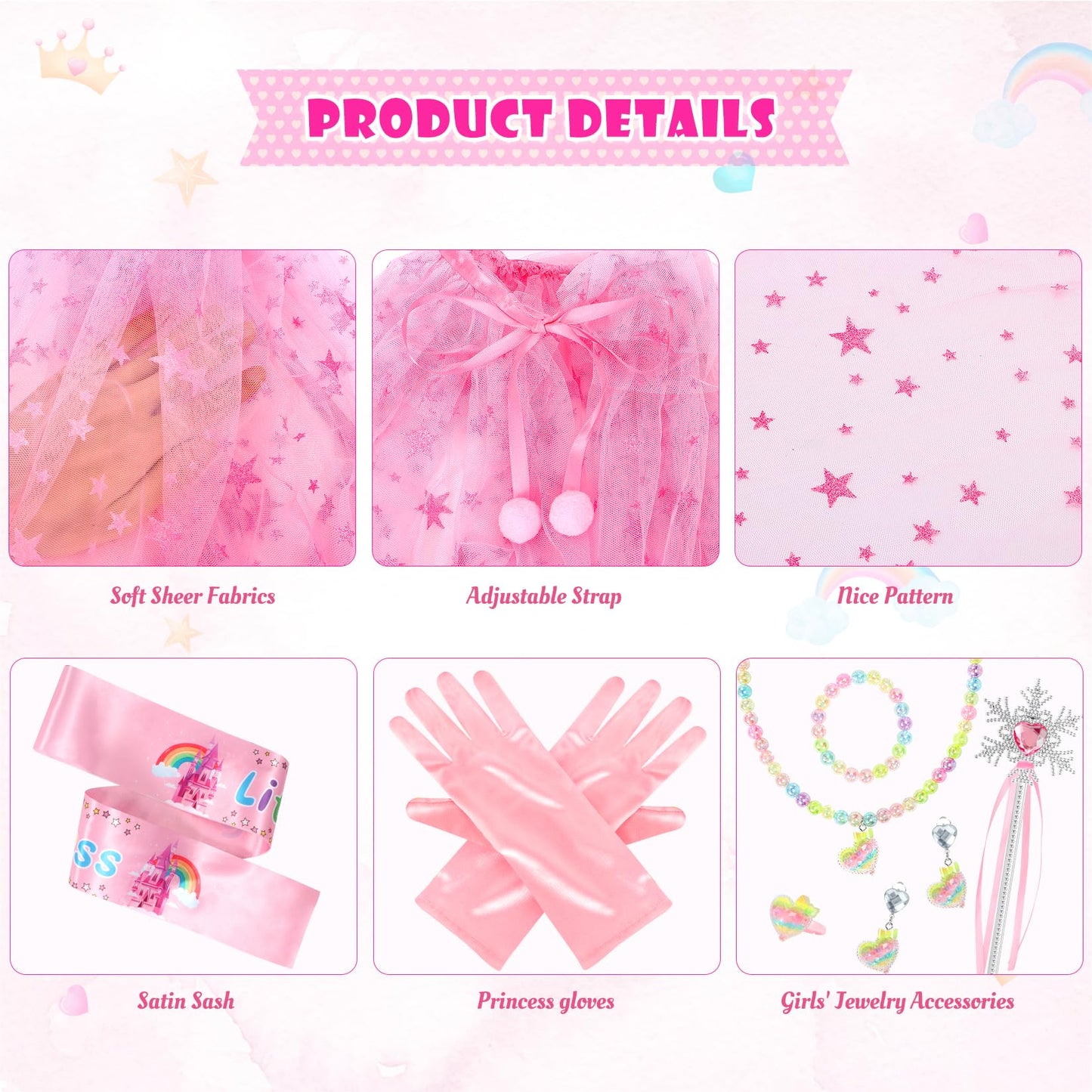 Princess Dress Up Clothes For Little Girl, 11Pcs Princess Dress Up Cape Gift Set With Pincess Crown, Princess Dresses Princess Toys For Toddler Girls 3-8 Years Old Birthday Christmas Gift (Pink)