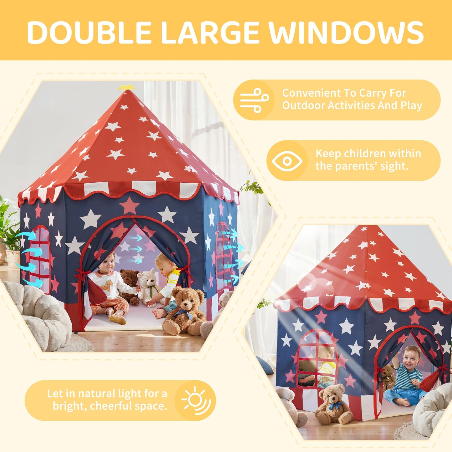 Large Girls Play Tent Princess, Boys Castle Kids Playhouse Indoor Outdoor Toddler Teepee | American Style Design, Age 3-8| Detai