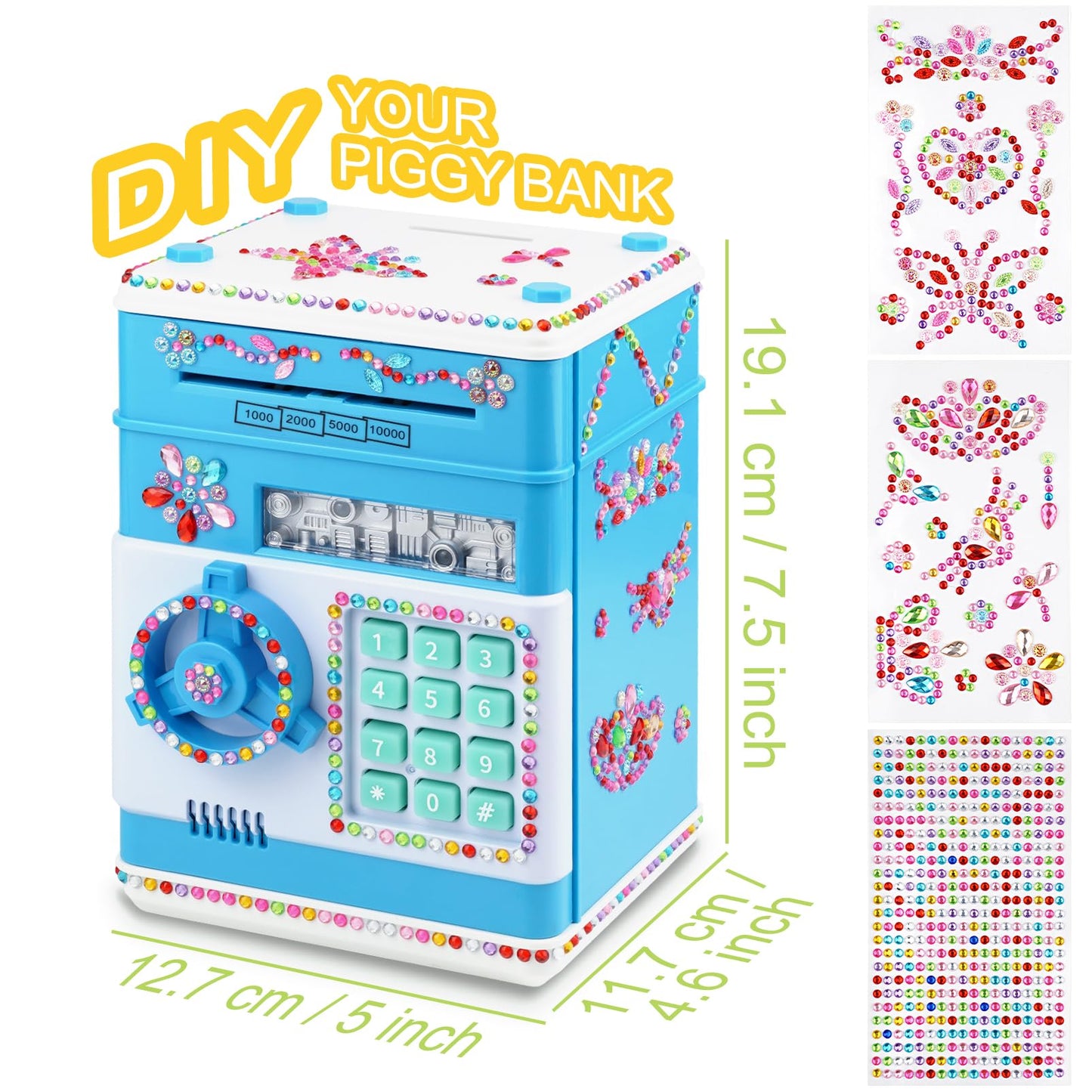 Piggy Bank For Kids Girls Boys With Password Code Lock Cash Coin Can Piggy Bank Girls Electronic Money Safe Bank For Kids Money Box With Diy Diamond Sticker Gift For 4 7 8 9 10 11 Year Old Boys Girls