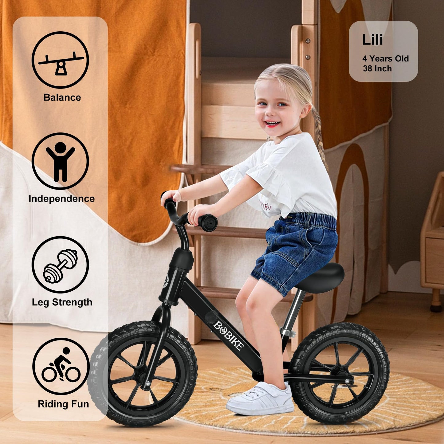 Bobike Toddler Balance Bike Toys For 2 To 5 Year Old Girls Boys Adjustable Seat And Handlebar No-Pedal Training Bike Best Gifts For Kids (Black)