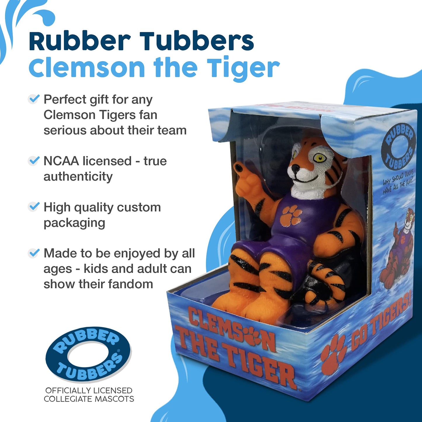 Rubber Tubbers Clemson Tigers (The Tiger) Collegiate Bathtub Toys - Officially Licensed Ncaa Team Mascots, Authentic Sports Memo