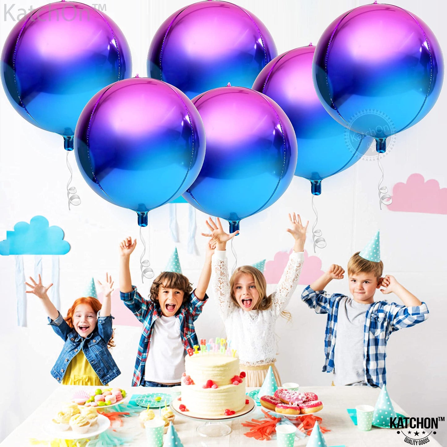 Katchon, Purple Galaxy Balloons - 22 Inch, Pack Of 6 | Iridescent Balloons, Round 4D Metallic Balloons For Galaxy Birthday Party Decorations | Purple And Blue Balloons For Galaxy Party Decorations