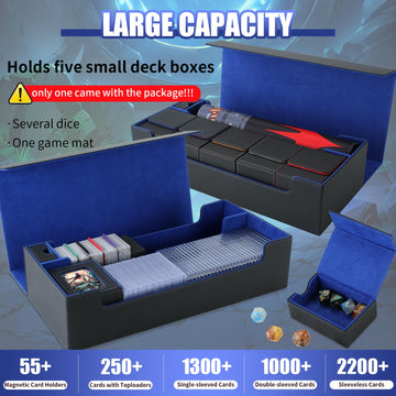 Trading Card Storage Box 2200+ MTG Deck Box Leather Magnetic Closure Commander Deck Box Holds 5 Small Deck Boxes Includes 1 Small Box 8 Dividers 1 Foam Stopper 1 Toploader Black/Blue