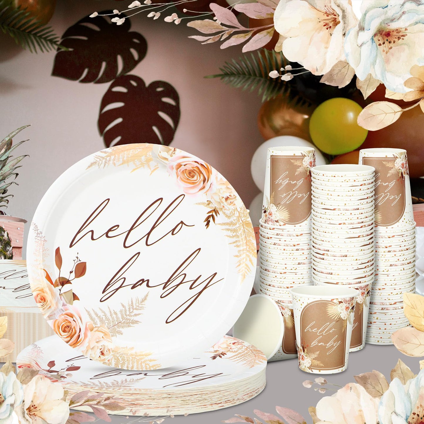 Hushee 200 Pcs Boho Flower Baby Shower Paper Plates Napkins Cups Hello Design Boho Baby Shower Party Supplies Tableware Set Boho