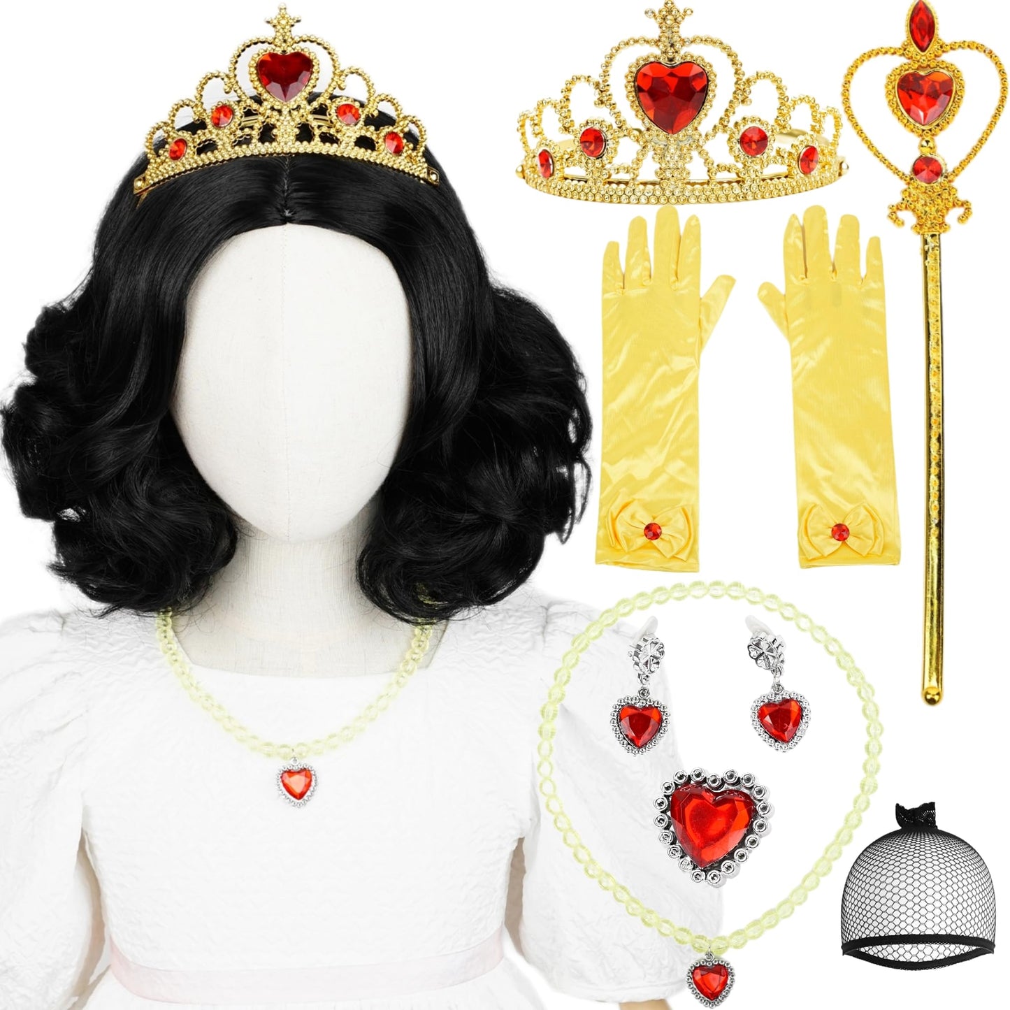 Princess Wig Set Kids Short Curly Black Cosplay Wigs For Kids Girls, Black Middle Part Wig Child'S Costume Wigs Synthetic Hair F