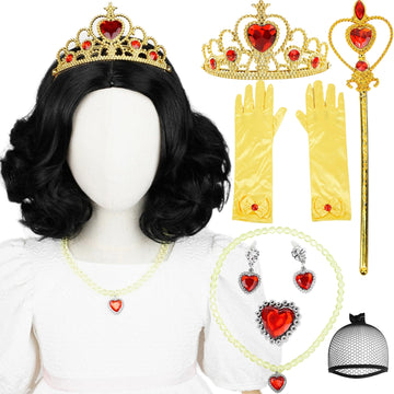 Princess Wig Set Kids Short Curly Black Cosplay Wigs For Kids Girls, Black Middle Part Wig Child'S Costume Wigs Synthetic Hair F