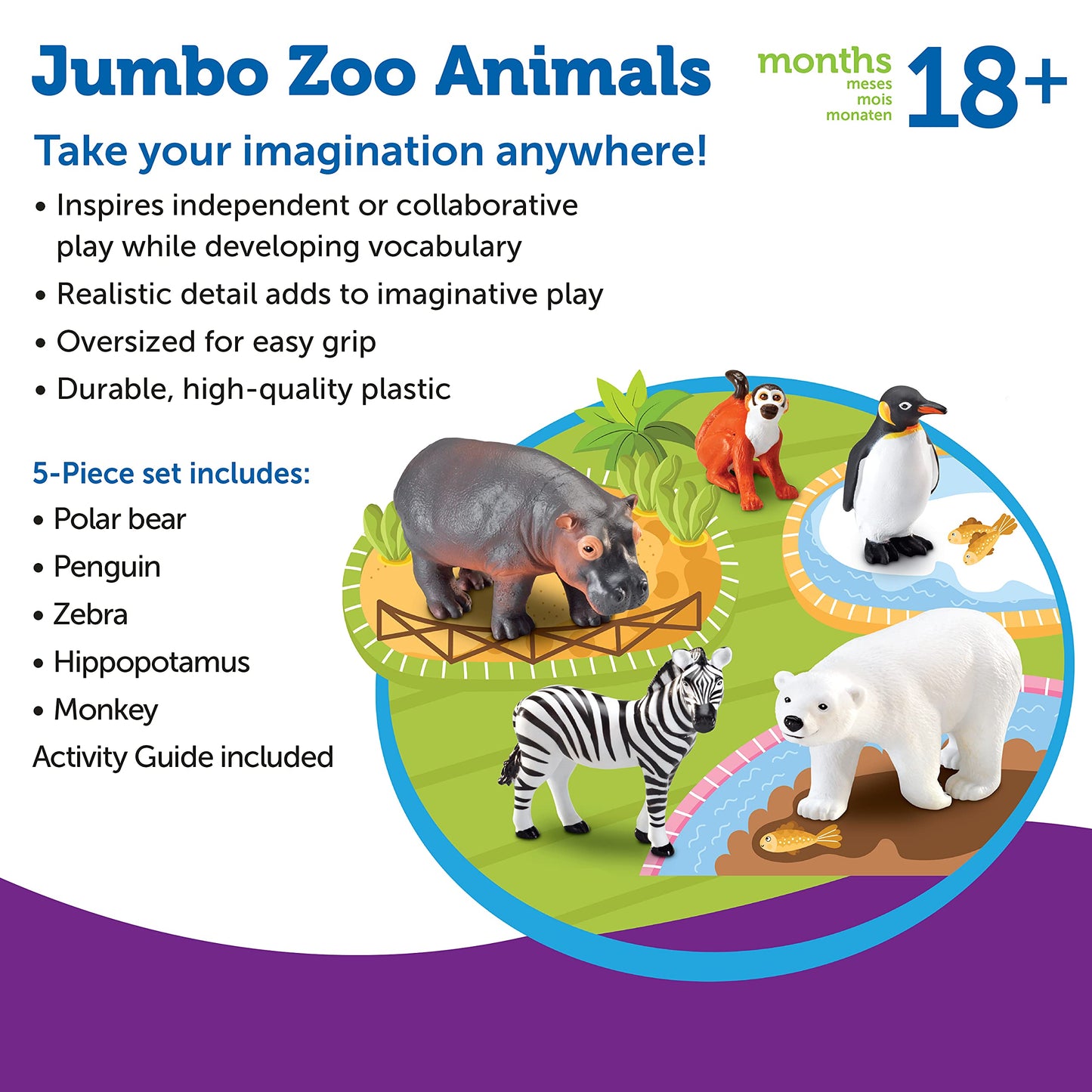 Learning Resources Jumbo Zoo Animals Set, 5 Plastic Figures, Multi-color, 7-3/4 L x 4 W in, Ages 2+, Model LER0788