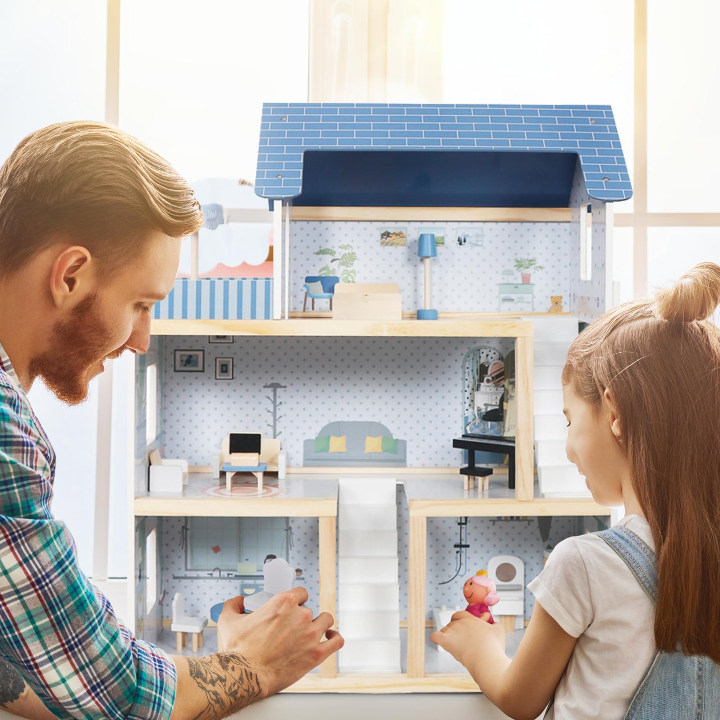 Lil' Jumbl Kids Wooden Dollhouse, 17-Piece Accessories & Furniture Are Included, With Balcony & Stairs, 3 Story Easy To Assemble