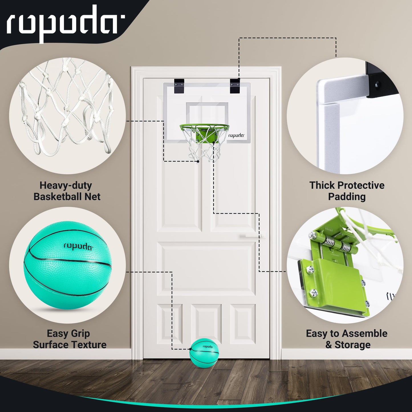 Ropoda Mini Basketball Hoop - Glow In The Dark, Over The Door Basketball Hoop Indoor, Indoor Basketball Hoop Backboards For Teens And Adults, Mini-Basketball Hoop For Kids With 4 Balls And Pump