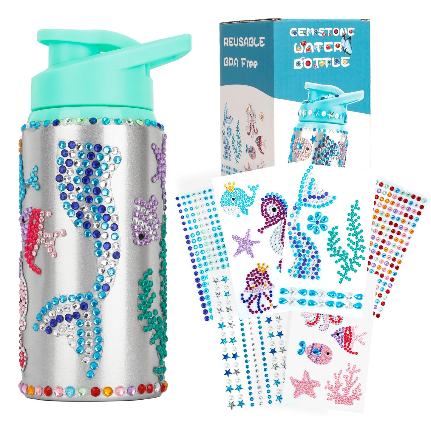 Gift For Kids, Decorate Your Own Water Bottle Kits For Girls Age 4-6-8-10-12, Mermaid Gem Stickers Crafts, Fun Diy Arts And Craf