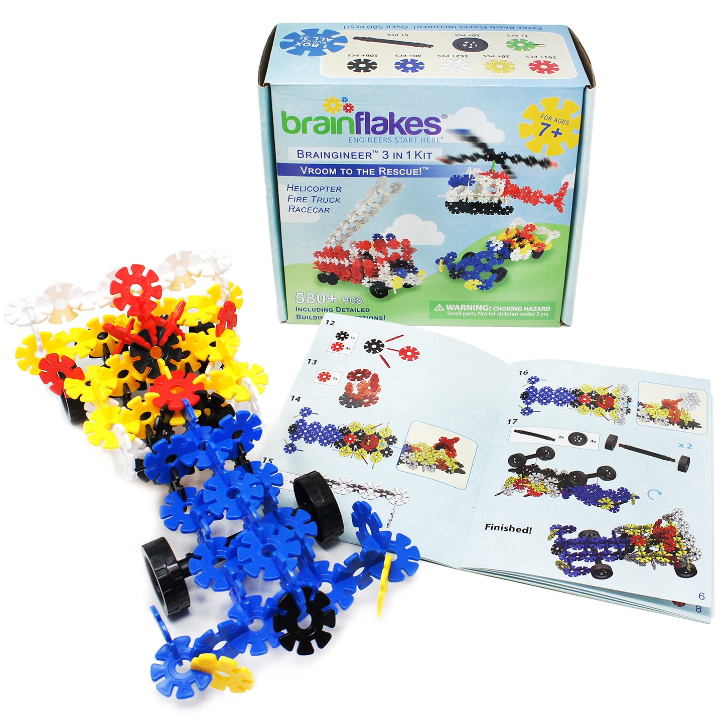 Brain Flakes 3-In-1 Building Kit With Detailed Step By Step Instructions - 580 Pieces To Build All 3 Vehicles - Wheel Pieces And Special Parts Are Included - Ages 7 And Up