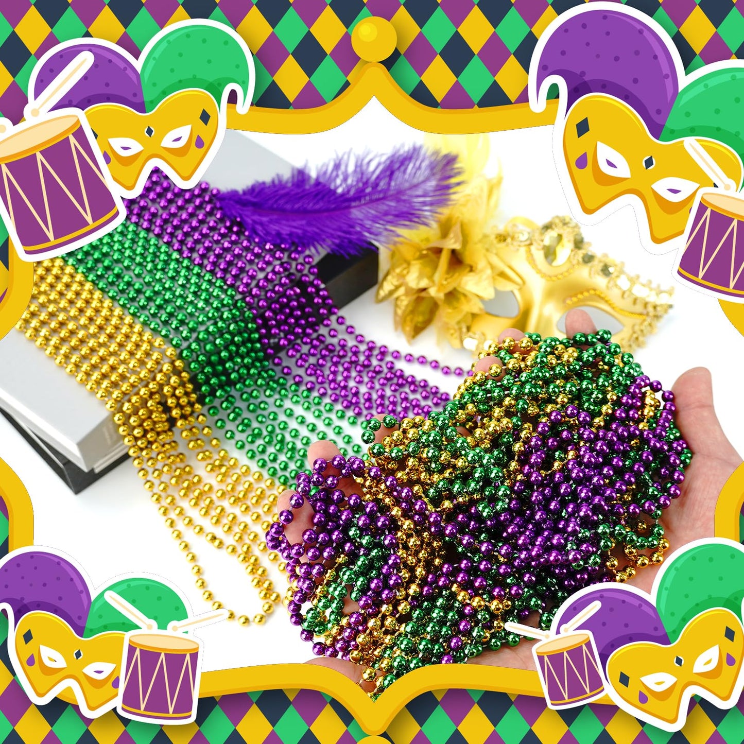 72 PCS Mardi Gras Beads Necklaces, Gold Green Purple Metallic Bead Necklaces 33 7 mm Mardi Gras Beads Necklaces Accessories B
