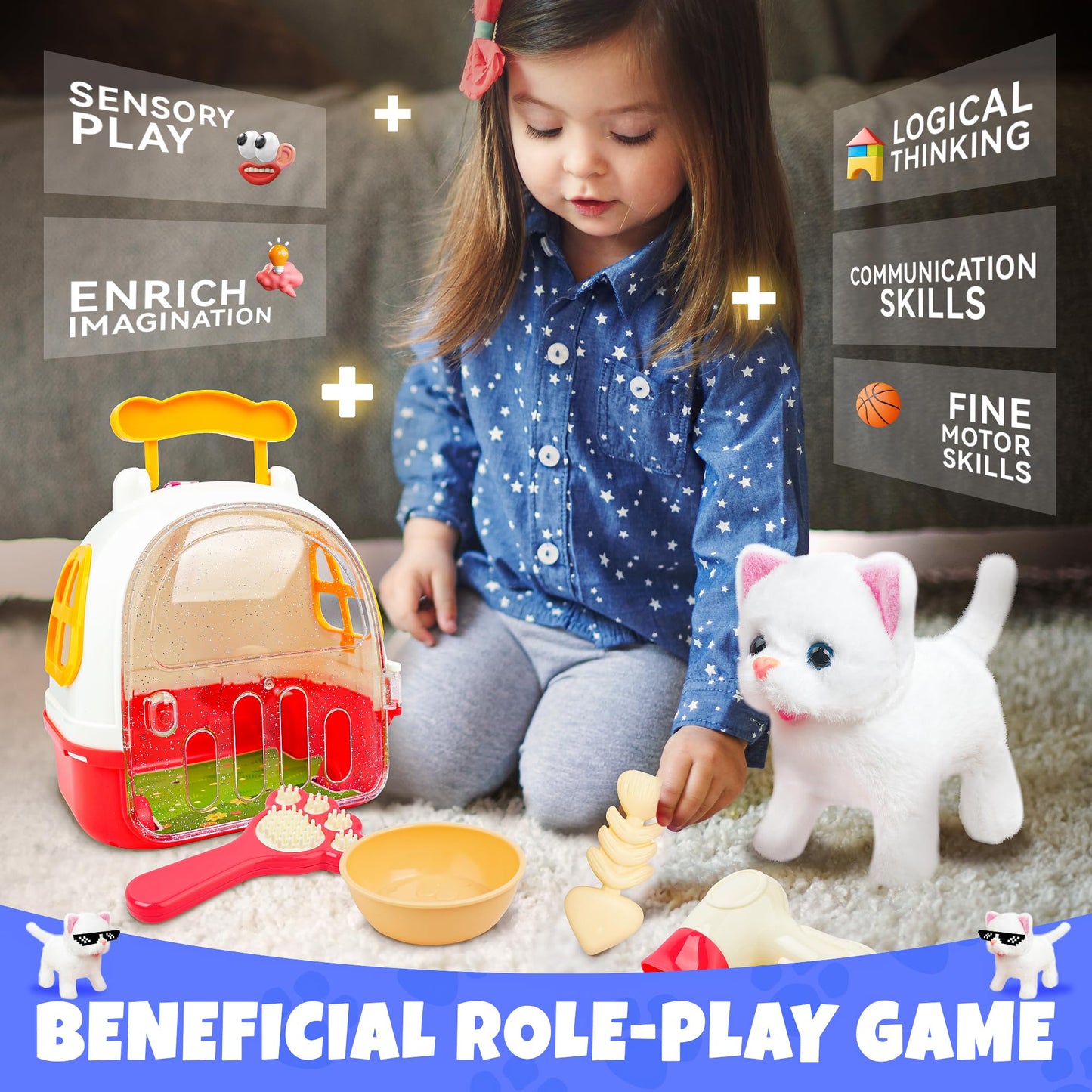 Smilesskiddo Meow Kitty Toys For Girls - Electronic Walking Cat With Animated Walking Wag Tail, Storage Cage And Accessories, In