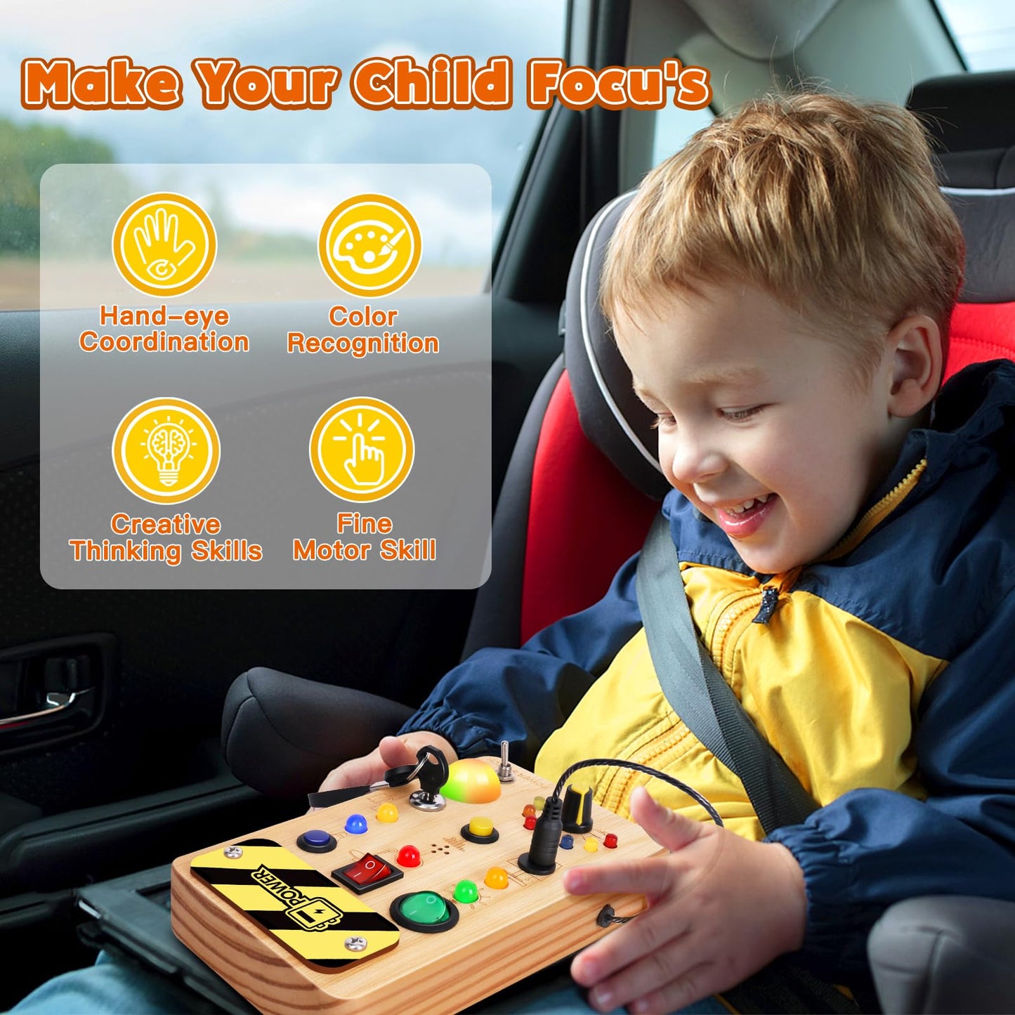 Tintecusa Busy Board Montessori Toys For Toddler, Wooden Sensory Board Switch Toy With Color-Changing Led Light Up Travel Toys E