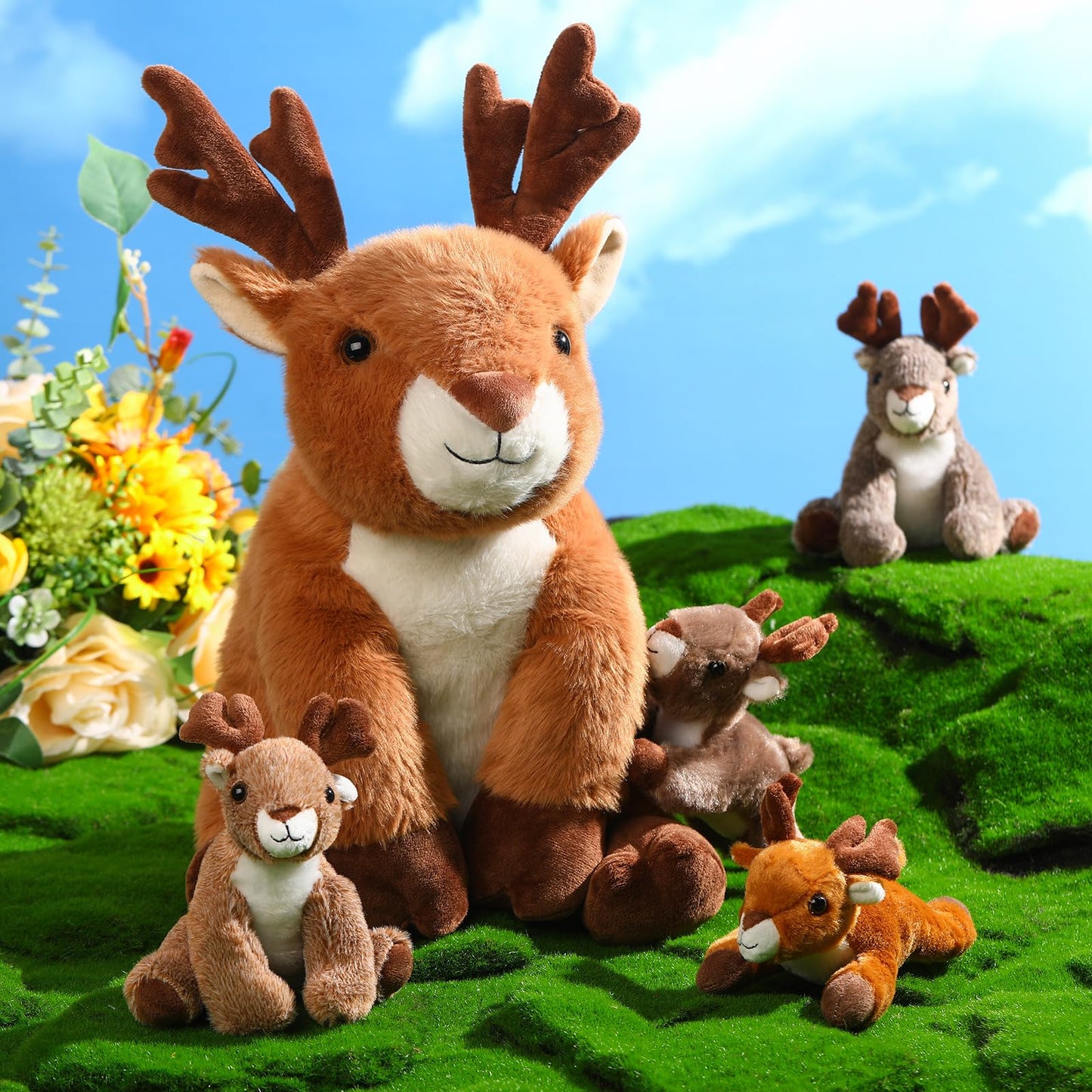 Poen Plush Deer Stuffed Animal Set 16 Inch Cuddly Mommy Deer Plush With 4 Cute Little Plushes In Her Zippered Tummy For Kids Birthday Baby Shower Decor Gift Woodland Party Favors(Sitting)