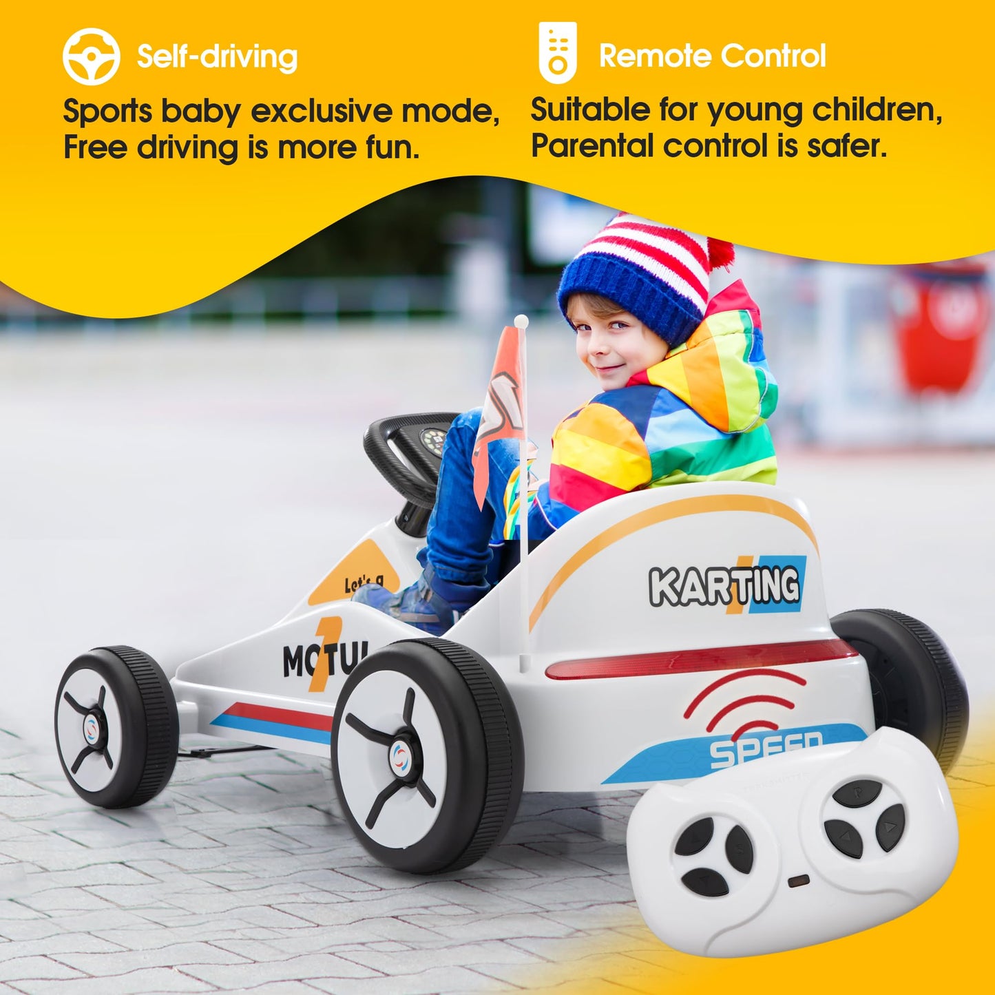 TOBBI Electric Go Kart for Kids, 12V Ride on Car Outdoor Pedal Race Toy with Music, Remote Control, Flashing Lighting, for 3-8 Y