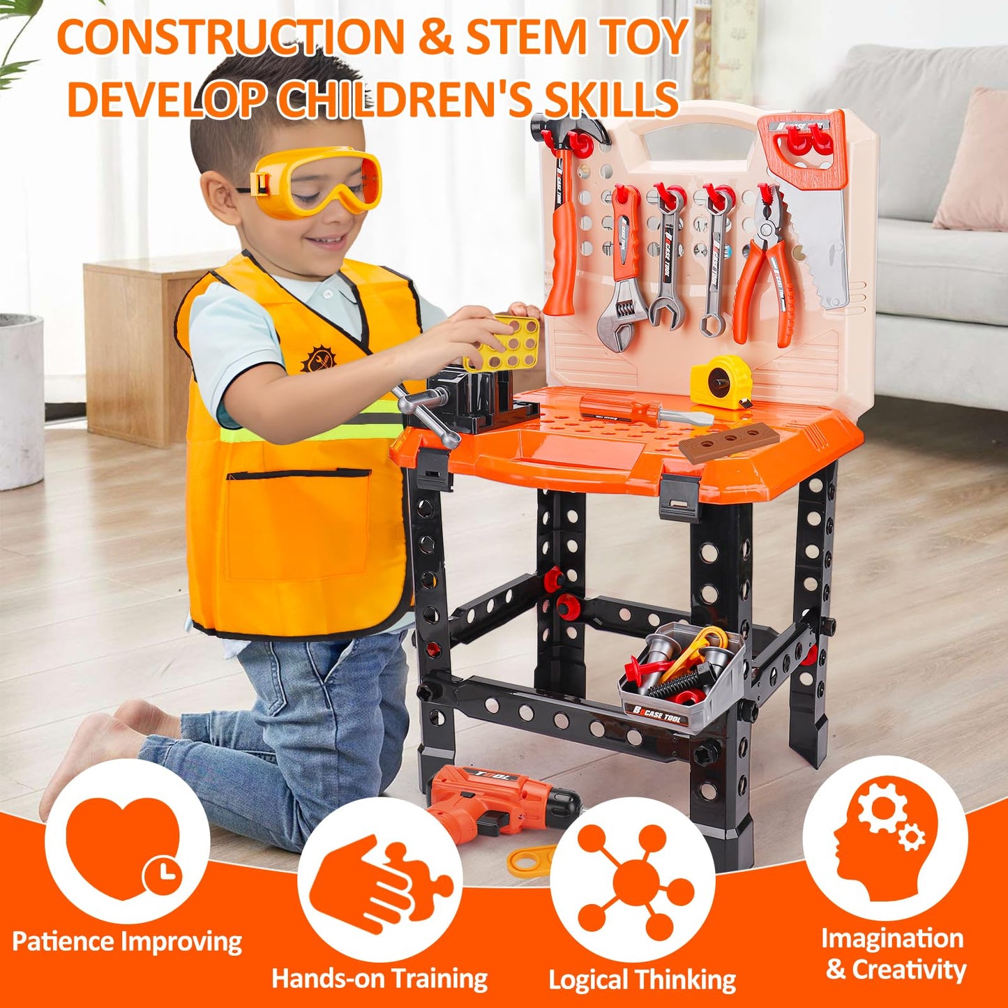 Toddler Tools Workbench Pretend Play Toys for Kids 3 4 5+Year Old with Realistic Electric Drill Boys Girls Age 2-4 Tool Set Lear