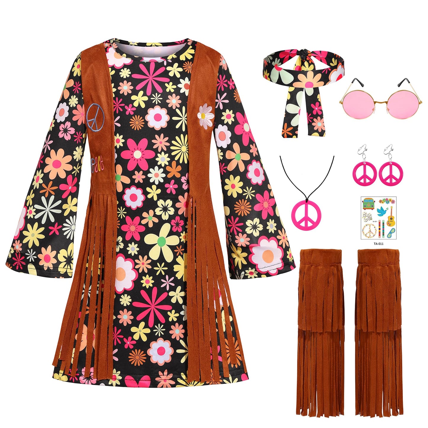 Cuteshower Kids Hippie Costume For Girls 60S 70S Hippie Dress For Halloween Party Outfit