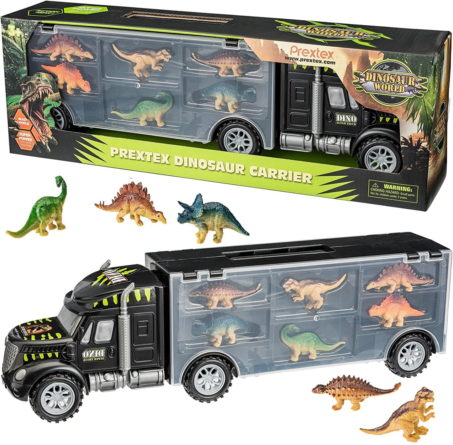 PREXTEX 16'' Dinosaur Truck Carrier Playset with 6 Mini Plastic Dinosaurs, Dinosaur Toy Trucks for Toddler Boys 3 to 5 Years Old