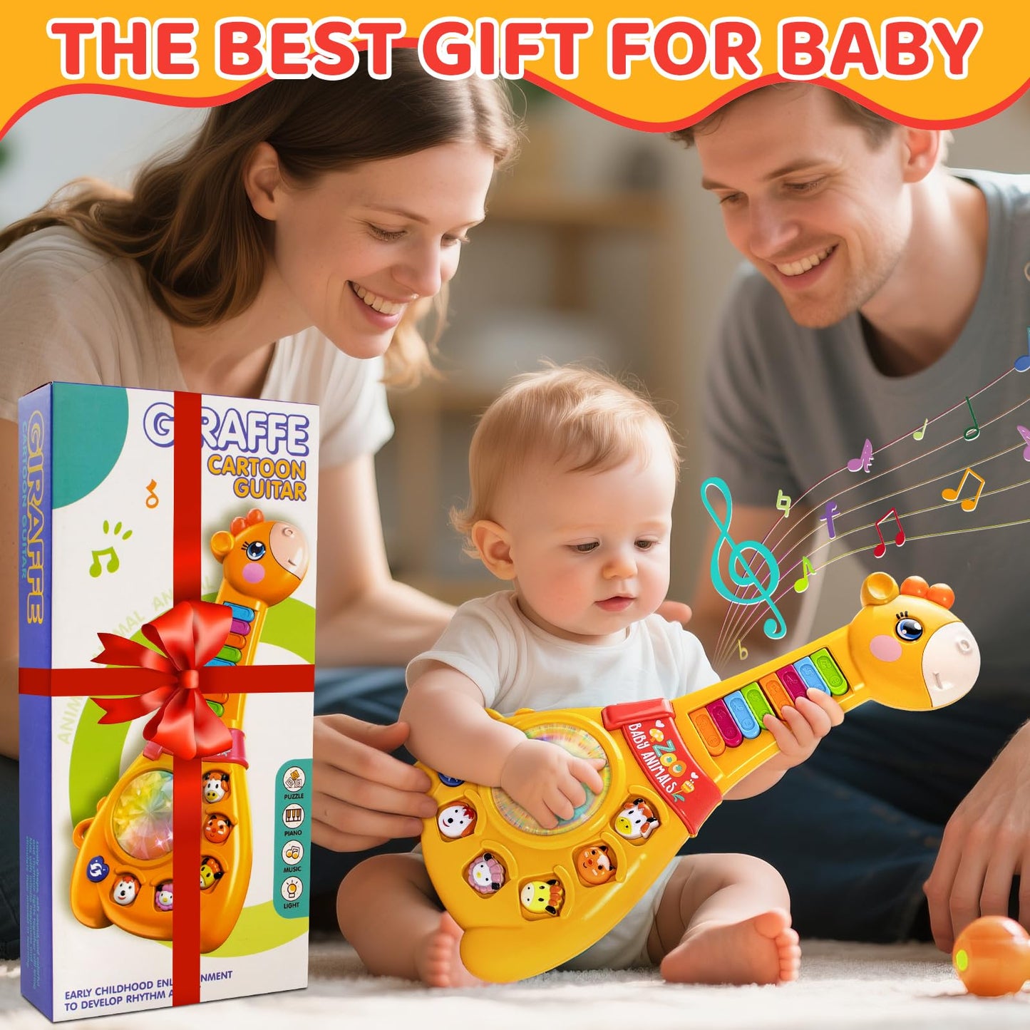 Marstone Musical Guitar Piano Toy for Toddlers 12-18 Months, Plastic, Small, Model ACC==8052B, Birthday Gift with Animal Sounds & Lights