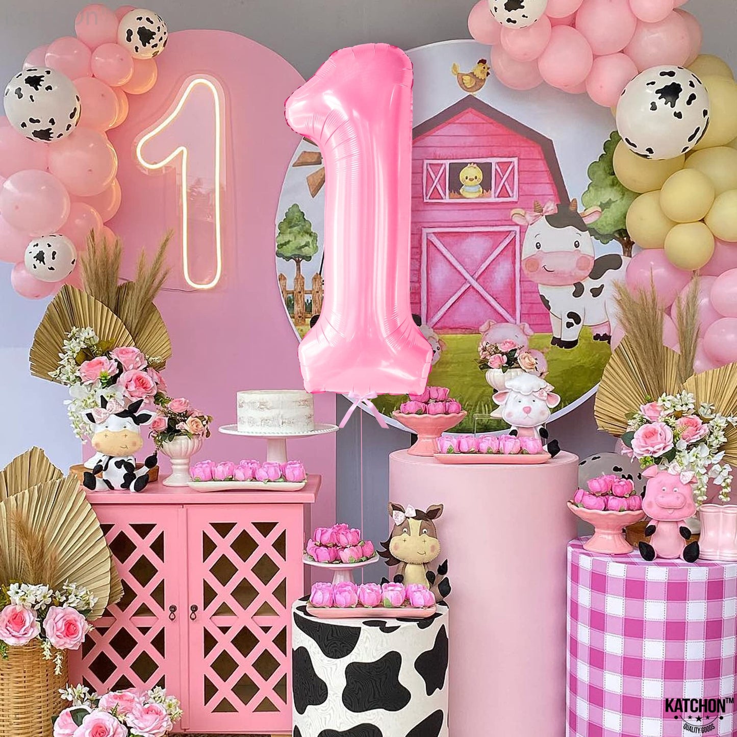 Katchon, Light Pink 1 Balloon Number - 40 Inch | Number 1 Balloons For 1St Birthday Party Supplies | Light Pink One Balloon For First Birthday | 1St Birthday Balloon, 1St Birthday Decorations Girl