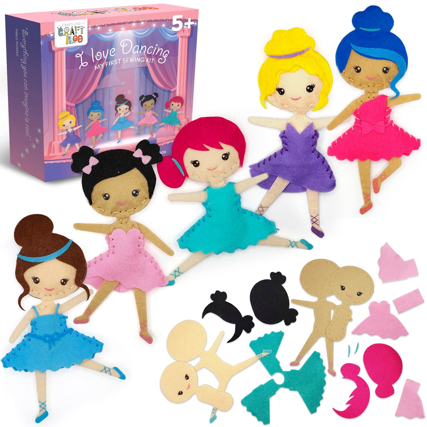 Craftiloo Ballerina Dancers Sewing Kit For Kids, Fun And Educational Craft Set For Boys And Girls Age 5-12, Sew Your Own Felt Ba