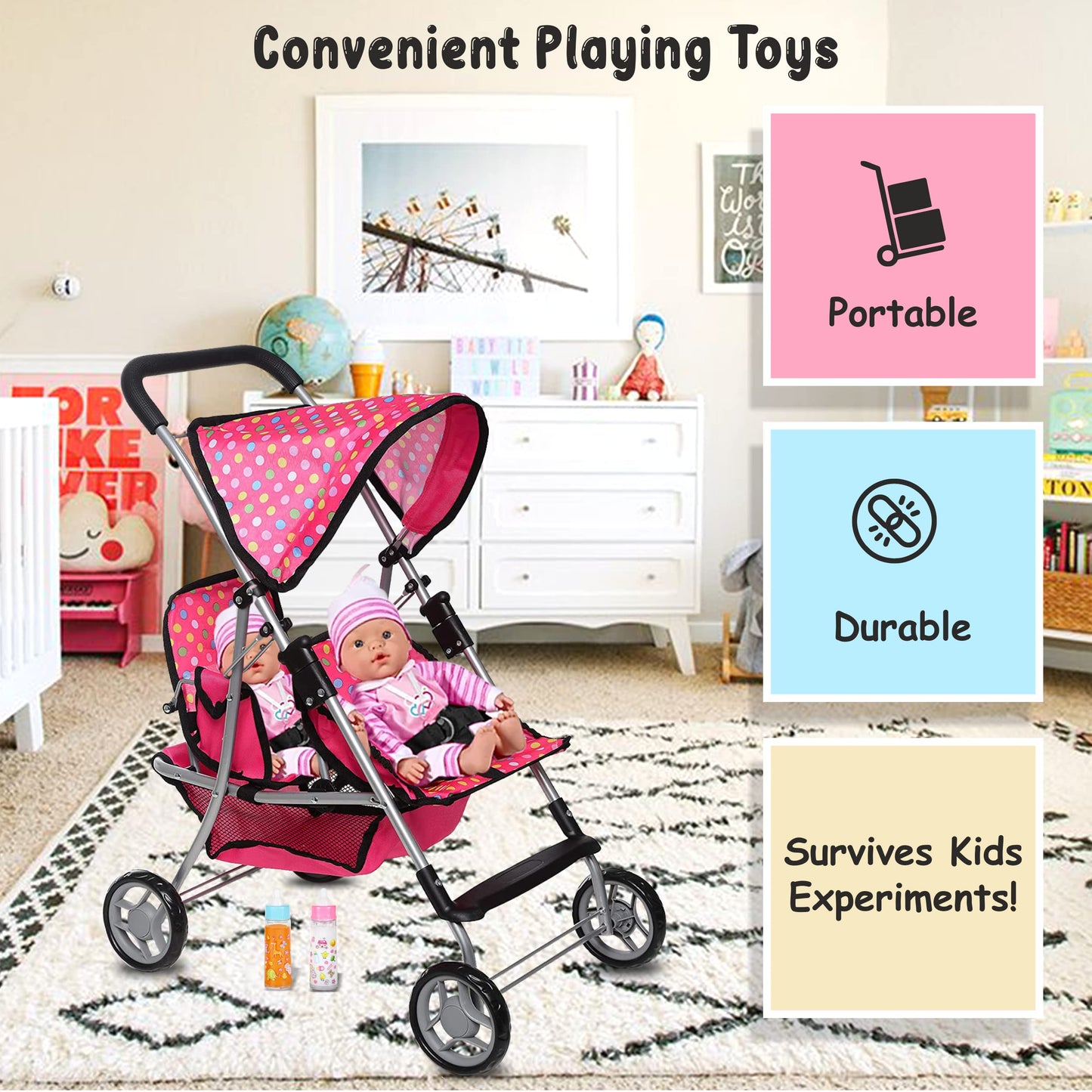 Toy Doll Stroller - Pretend Play Doll Stroller For Dolls - Toy Stroller With Storage Basket For Doll Accessories Set - Polka Dot