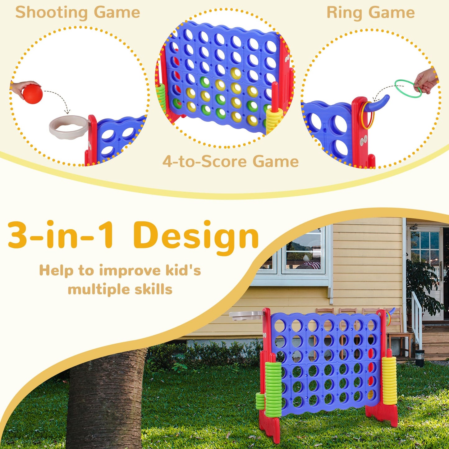 Peekabu Giant 4-In-A-Row Connect Game Outdoor, Jumbo 4-To-Score Yard Games For Kids And Adults With Basketball Hoop Outdoor Part