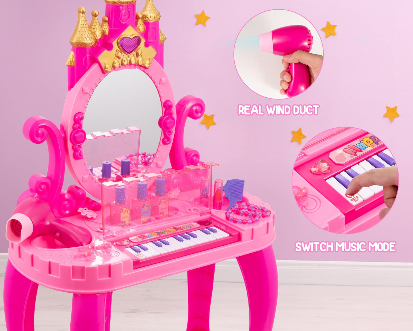 Vanity Makeup Table Toy With Adjustable Mirror, Comfortable Seat, Electronic Organ, Lights, And Music For Little Girls - Spark I