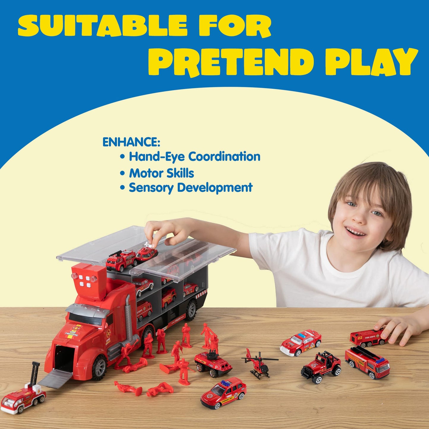 JOYIN 25 in 1 Fire Truck Vehicle Toy Set with Sounds and Lights, Fire Engine Vehicles in Carrier Truck, Mini Rescue Emergency Fi