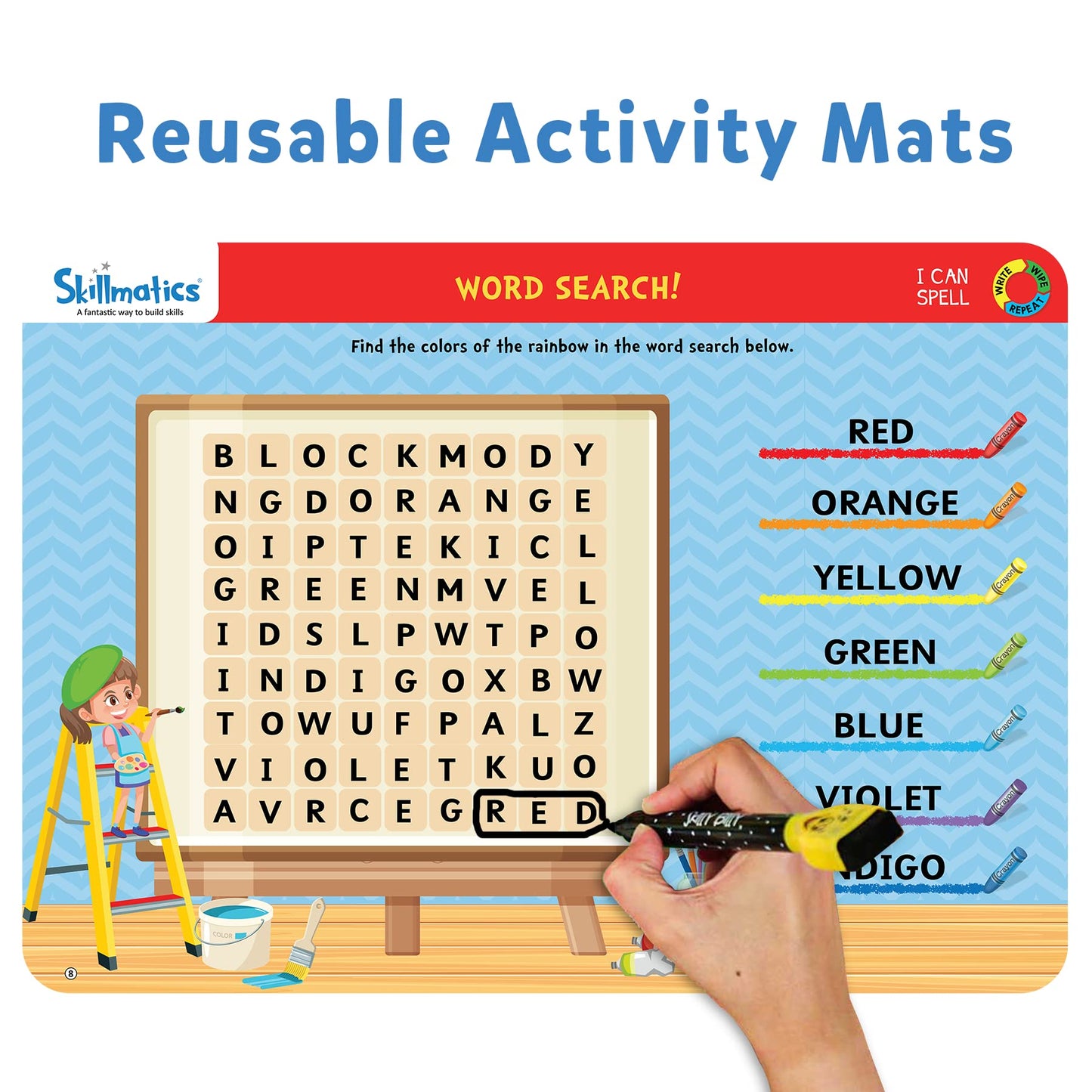 Skillmatics Educational Game - I Can Spell, Reusable Activity Mats With 2 Dry Erase Markers, Gifts For Ages 3 To 6