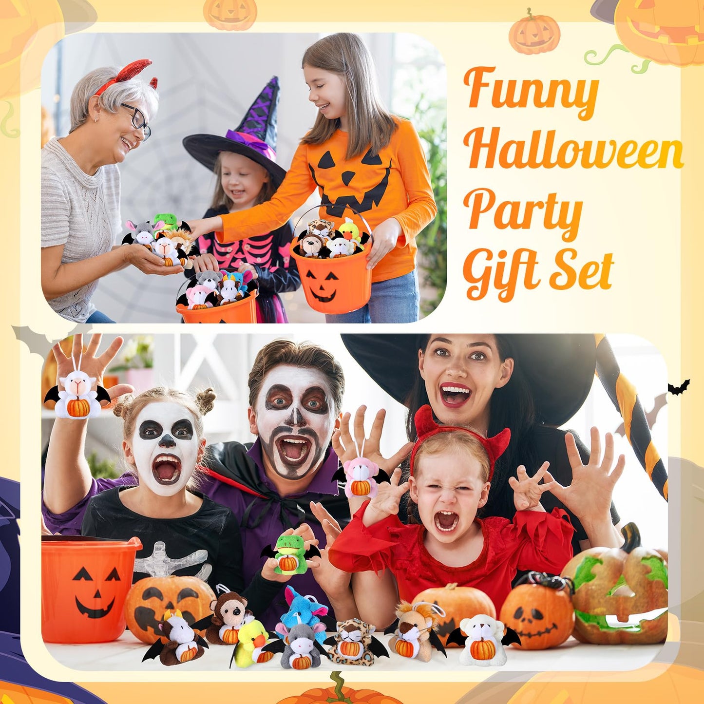 Vinsot 24 Pcs Halloween Stuffed Animal Bulk Small Halloween Plush Toys Plush keychain with Pumpkin Pattern for Trick or Treat Go