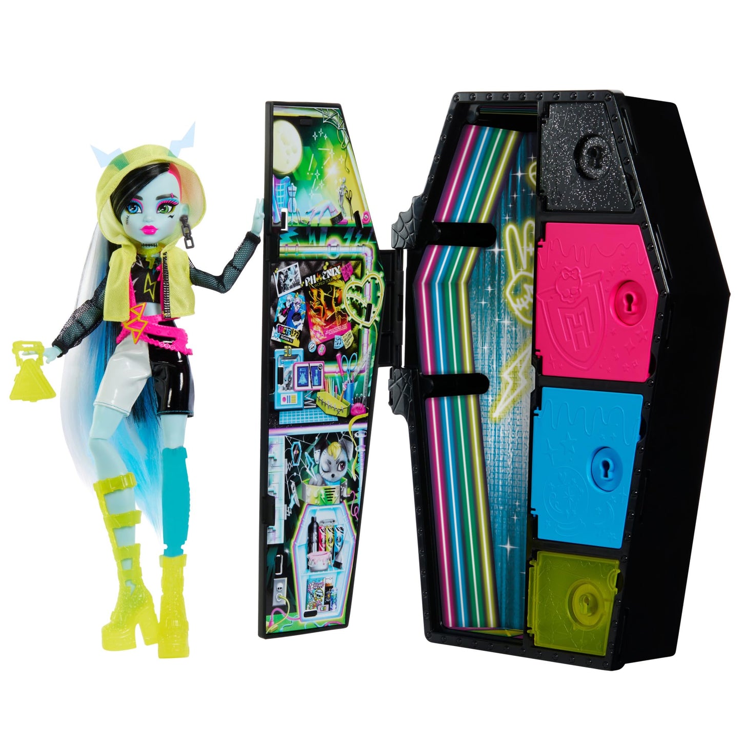 Monster High Skulltimate Secrets Neon Frights Doll & Accessories, Frankie Stein With Dress-Up Locker & 19+ Surprises