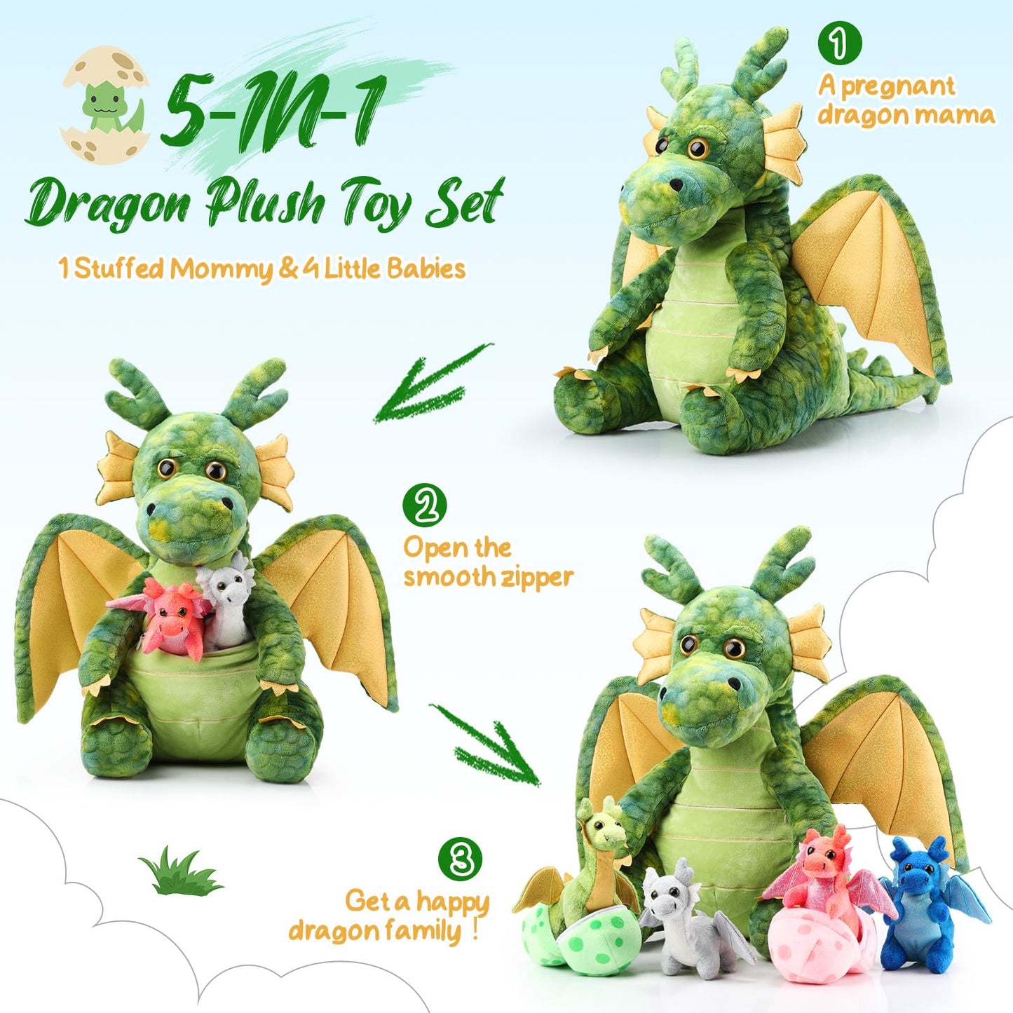 Arrowbash 7 Pcs Dragon Plush Toys Gift Set 15.75'' Large Dragon Mom Stuffed Animal With 4 Cute Baby Dragons And 2 Eggs In Mommy'