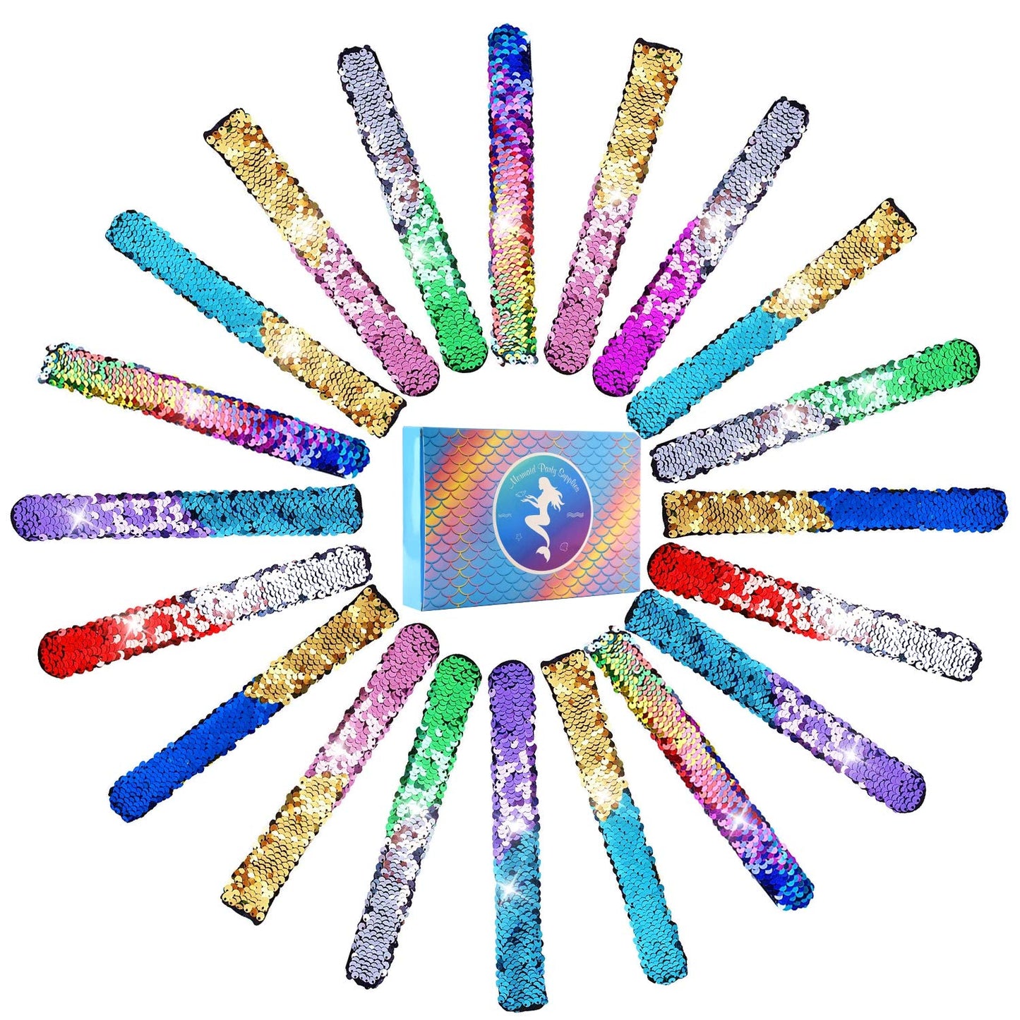 Kuuqa 25 Pcs Magic Mermaid Sequin Bracelets Glitter Reversible Sequins Slap Bracelets Wristbands For Kids Little Mermaid Birthda