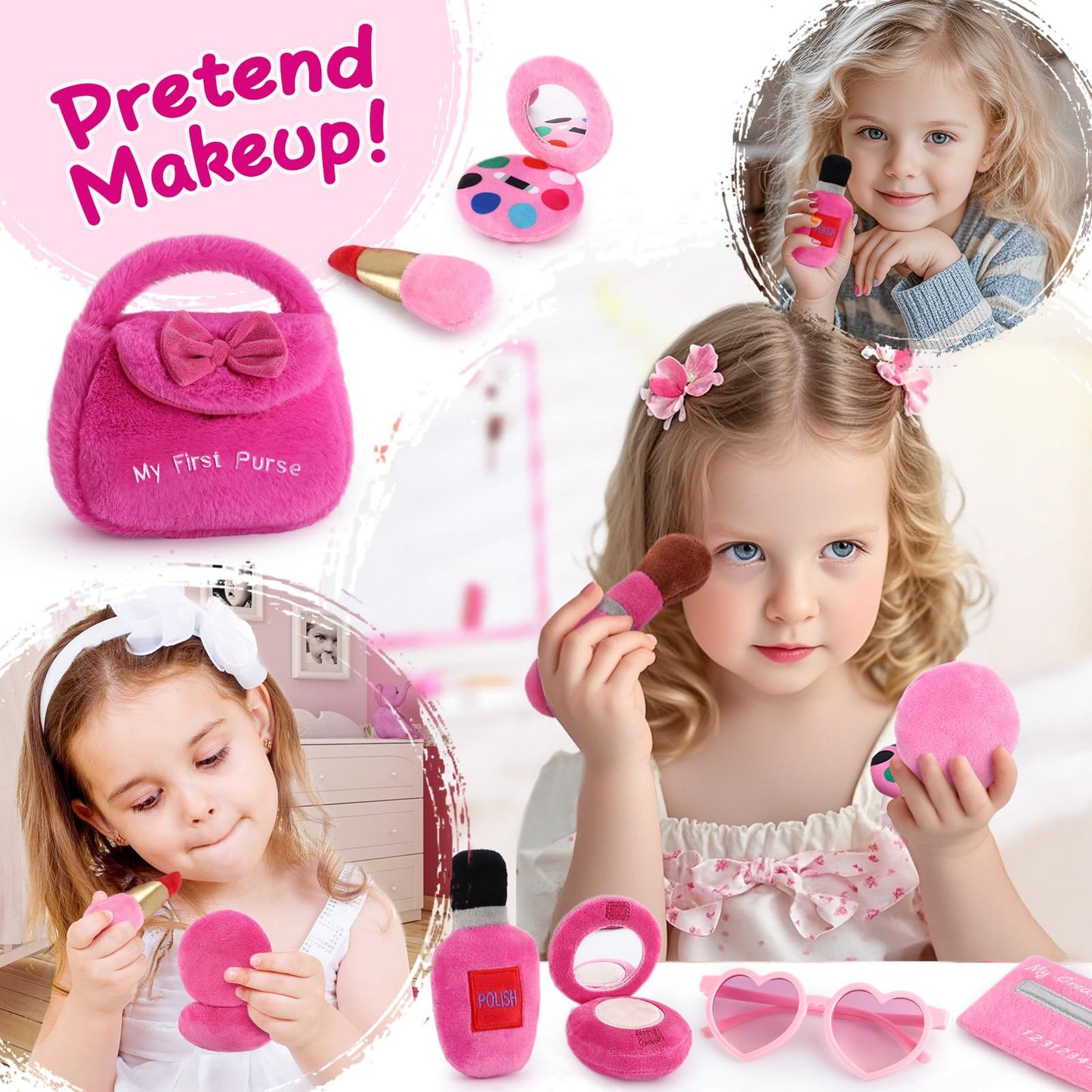 Golray Plush Toddler Purse Baby Girl Pretend Play Toy - 10 Pcs My First Purse With Soft Sensory Toy Smartphone/Crinkle Makeup Be
