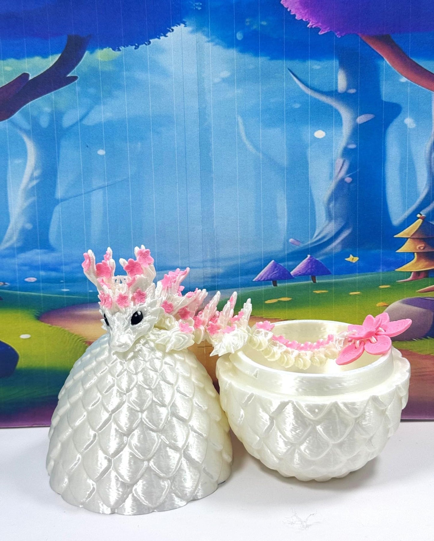 3D Printed Dragon With Egg, Articulated 6'' Pink And White Cherry Blossom Baby Dragon, Fidget Adhd Autism Toy Bd004-Wht
