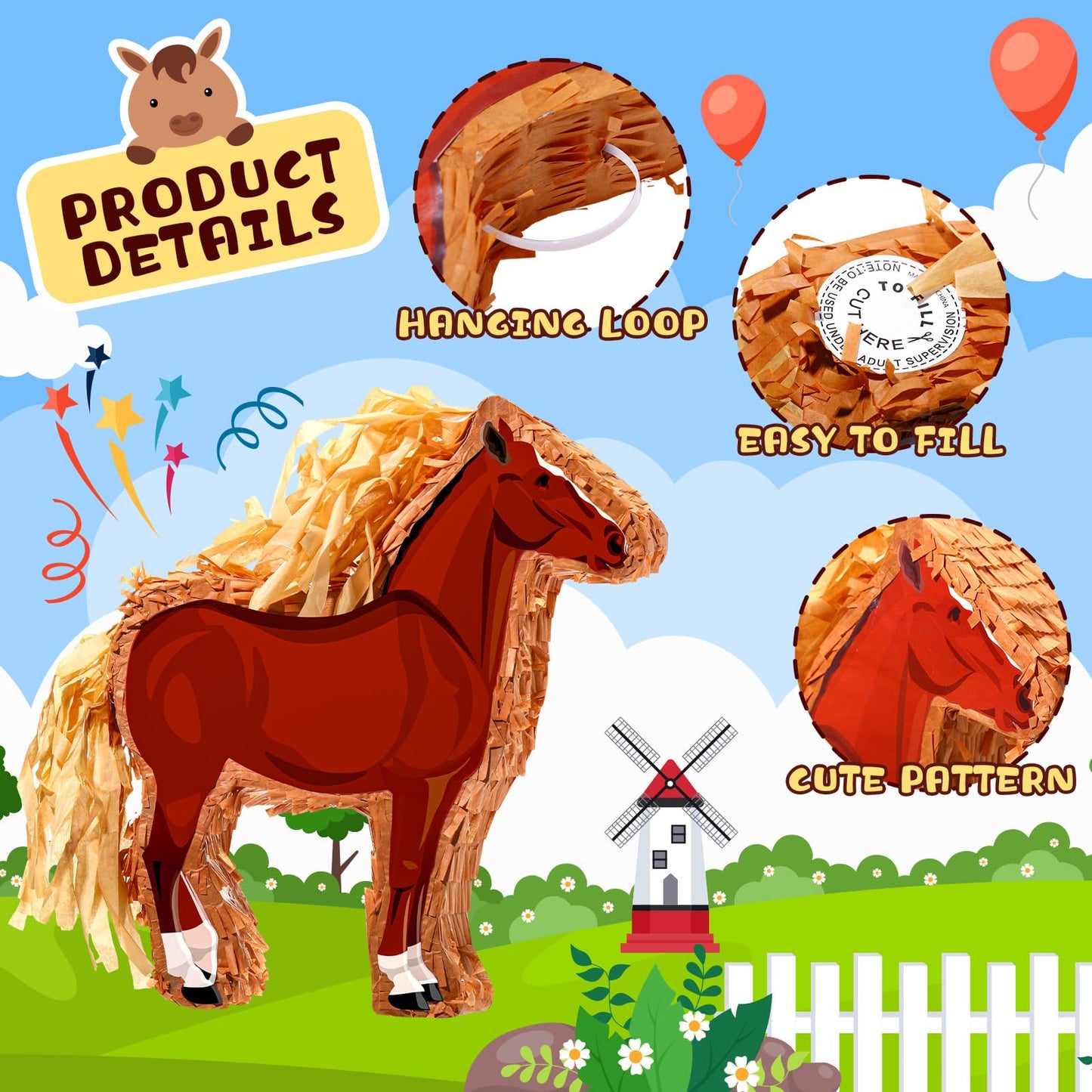 Jenaai Horse Piata 3D Horse Piata Set with Stick Blindfold and Confetti Pack Farm Bundle Cowboy for Birthday Party Game Favors S