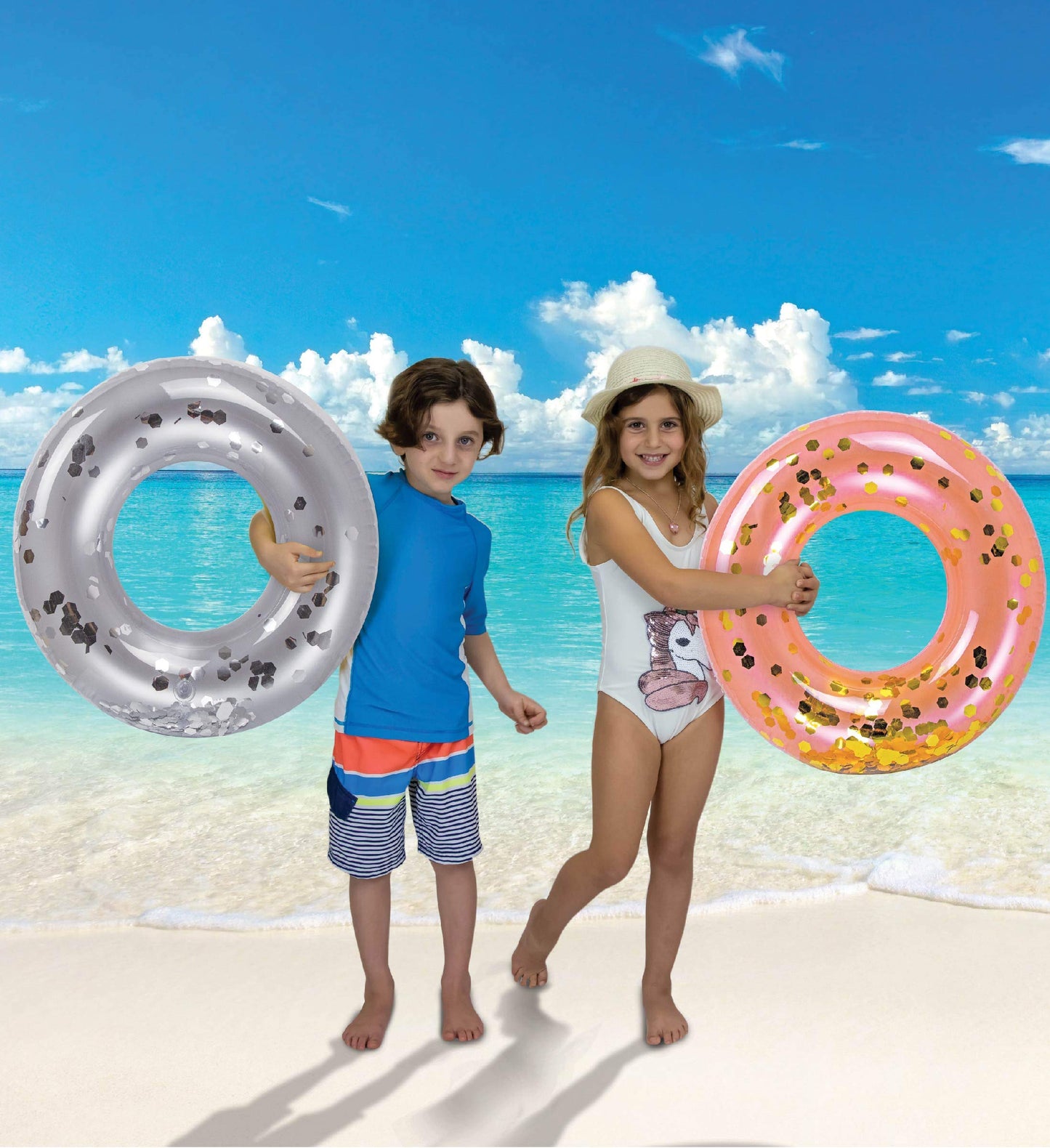 4-Pack Kids Inflatable Pool Floats - Sparkly Confetti-Filled Glitter Pool Float Rings, Cute Pool Floats In Pearl, Silver, Rose Gold, And Gold; Floating Tube Swim Rings For Pool, Beach, Lake - 23 Inch
