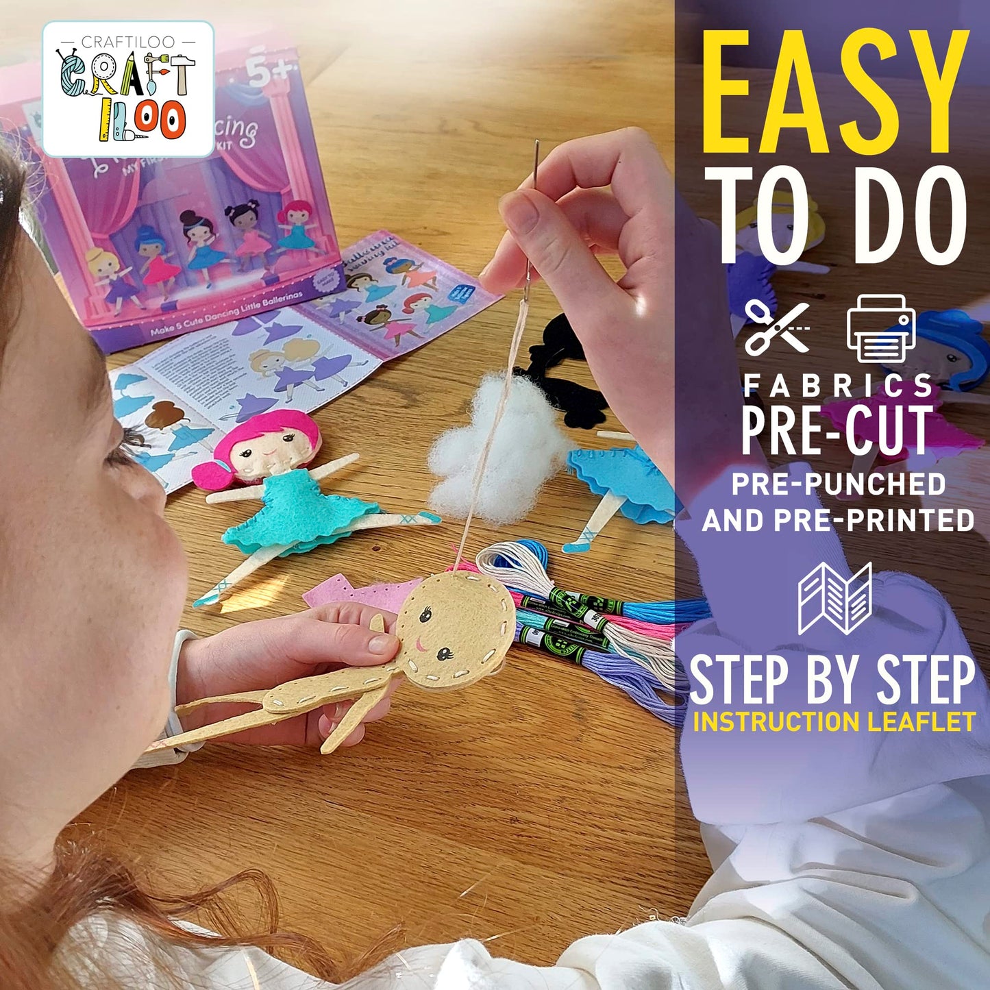 Craftiloo Ballerina Dancers Sewing Kit For Kids, Fun And Educational Craft Set For Boys And Girls Age 5-12, Sew Your Own Felt Ba