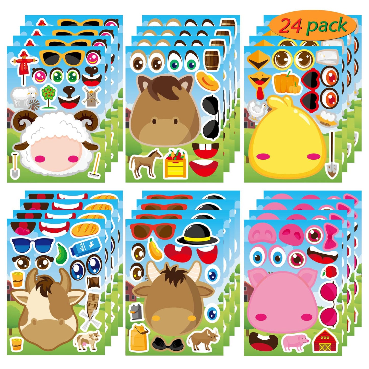24 Pcs Make-A-Face Sticker Sheets Make Your Own Farm Animal Mix And Match Sticker Sheets With Sheep, Pigs, Cow And Chickens Kids
