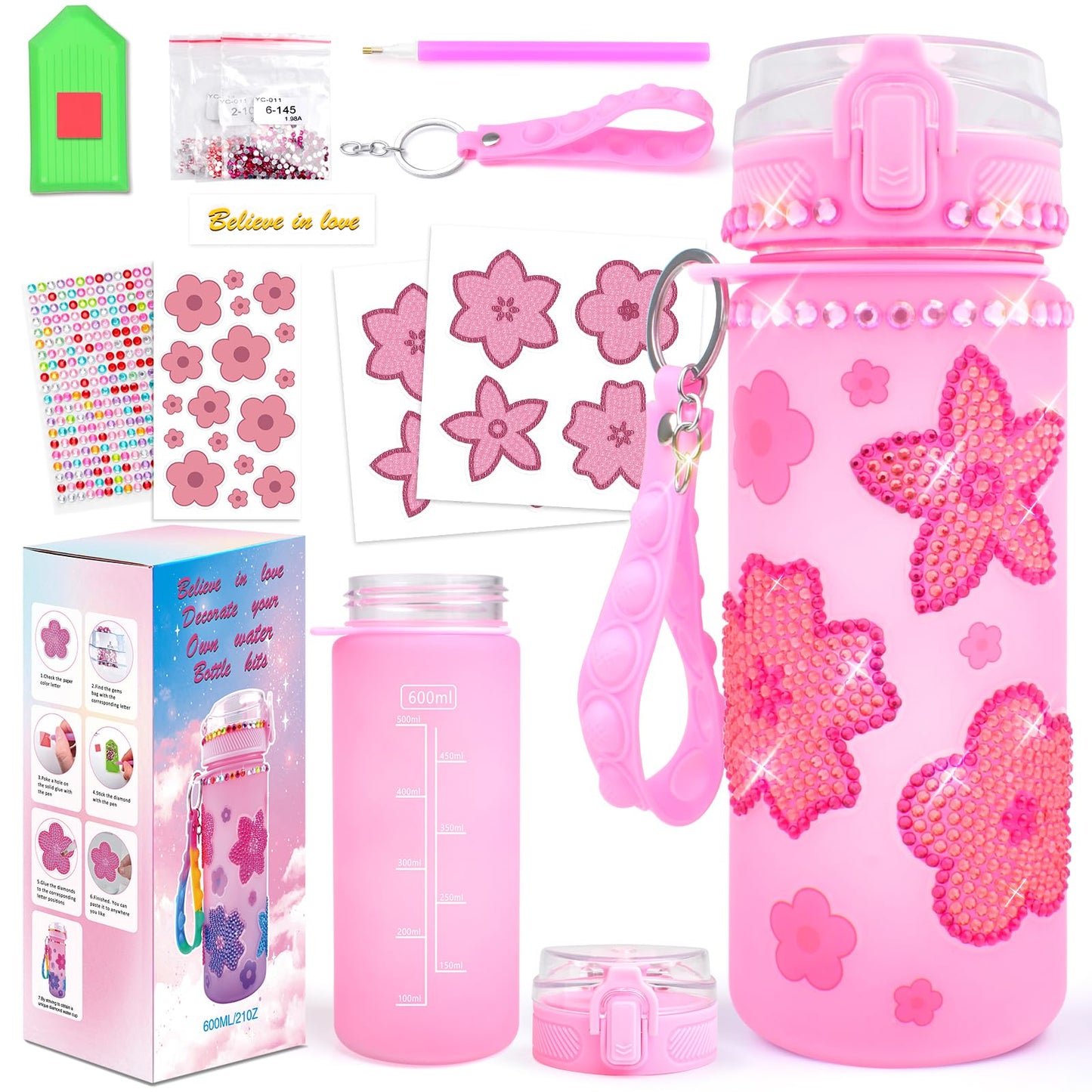 ASIOWELY Decorate Your Own Water Bottle Kits for Girls Age 4-12, Pink Flower Diamond Painting Art and Crafts for Boys Age 4-6-8-