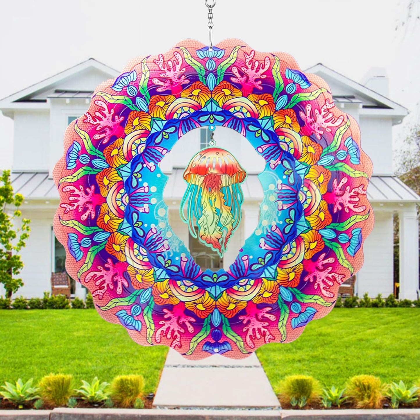 Dinoneyi Wind Spinner Outdoor Metal Jellyfish 12Inch 3D Stainless Steel Garden Sculpture 3D Wind Spinner Hanging Yard Garden Dec