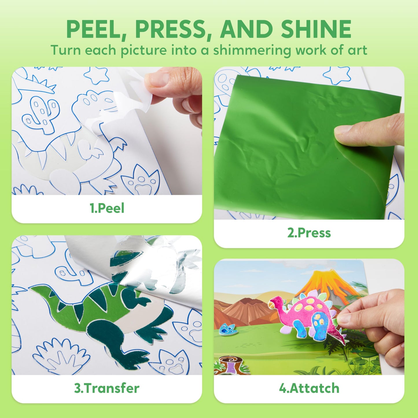 Klever Kits Foil Art Kit for Kids - Arts & Crafts Supplies, Mess Free Coloring, Dinosaur Foil Foam Stickers, Creative Travel Toy