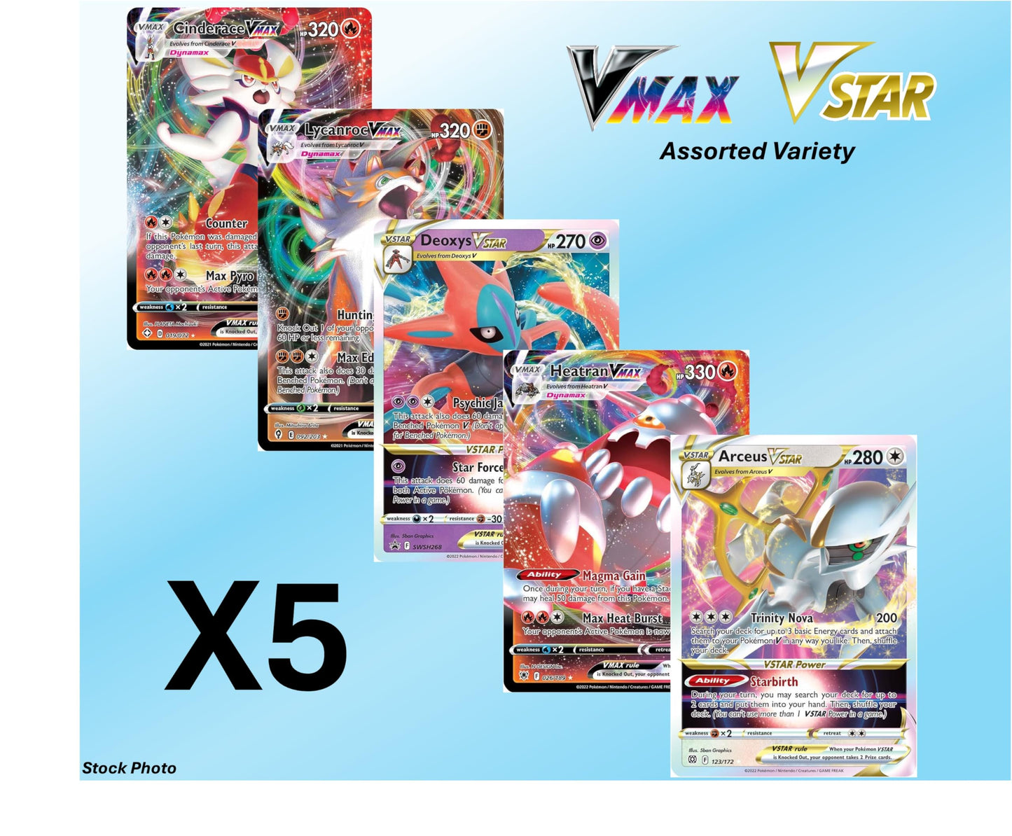 Pokémon VMAX/VSTAR Card Lot Bundle - 5 Full Art Etched Cards, Multicolor, Cardstock, No Duplicates, 5.28" x 7.32" x