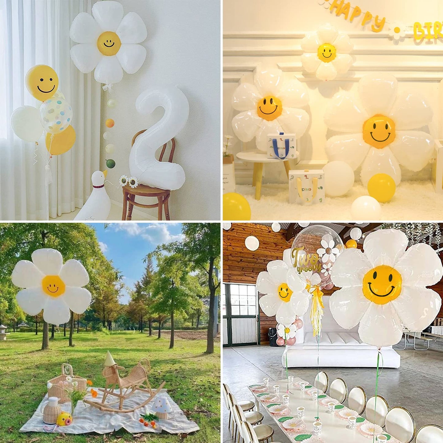 Daisy Balloons With Smile, 12 Pcs Groovy Boho White Flower Balloon Party Decorations For Birthday Wedding Party D Cor For 60S H
