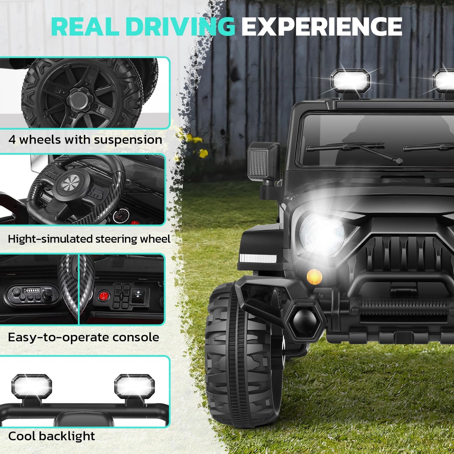 Hikole Battery Powered Cars For Kids, 12V Ride On Jeeps Car With Remote Control, 3 Speeds, Bluetooth, Led Lights, Safety Belts, Spring Suspension, Kids Electric Vehicles For Boys, Black