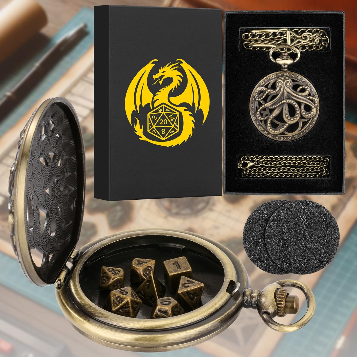 Mini DND Dice Set Steampunk Hollow Octopus Pocket Watch Shell Case, 7pcs Polyhedral Metal D&D Dice Set, DND Gifts with Gift Box