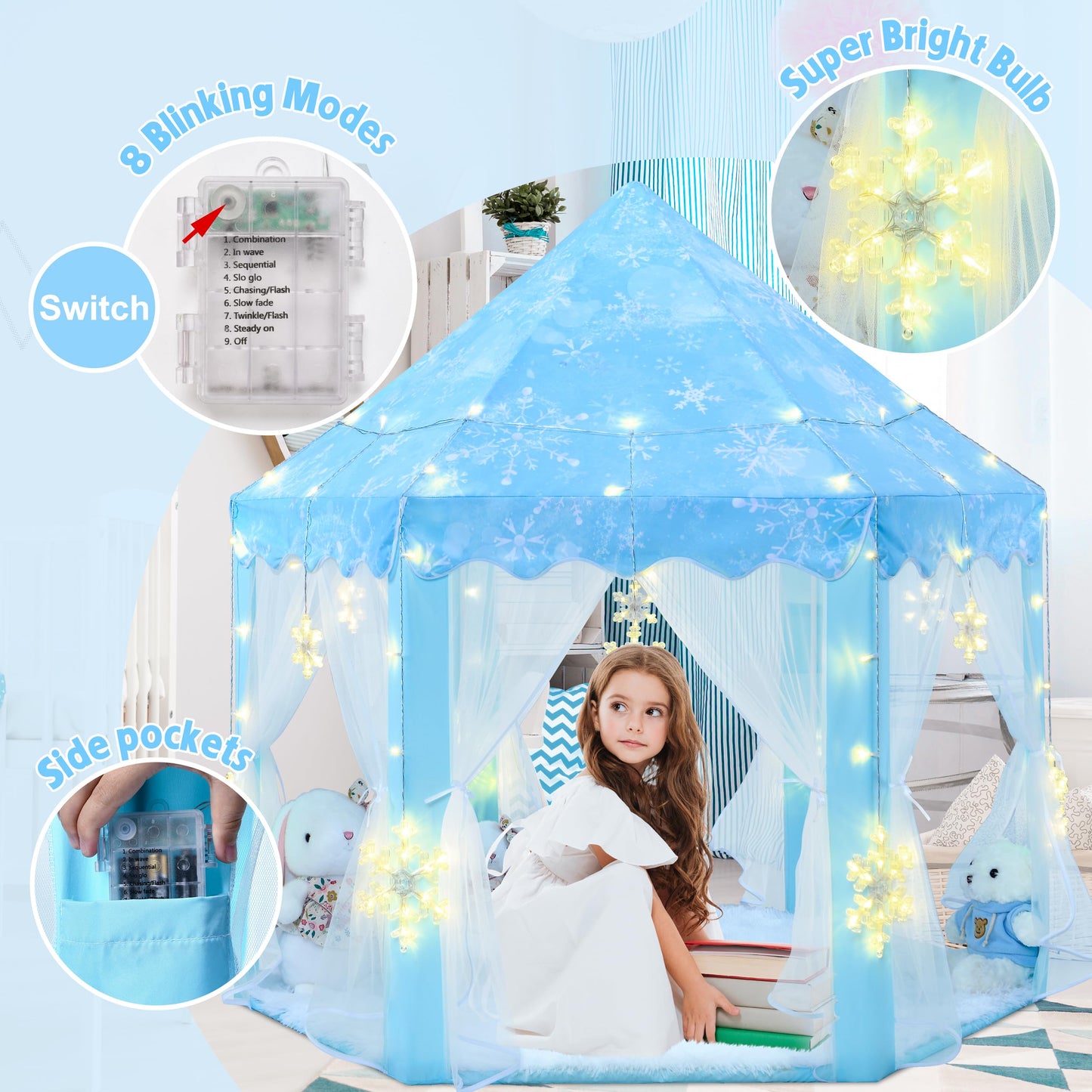 Evoionos Frozen Princess Tent For Girls, Play Tent With Large Snowflake Lights For Kids, Castle Playhouse For Children Indoor Ou