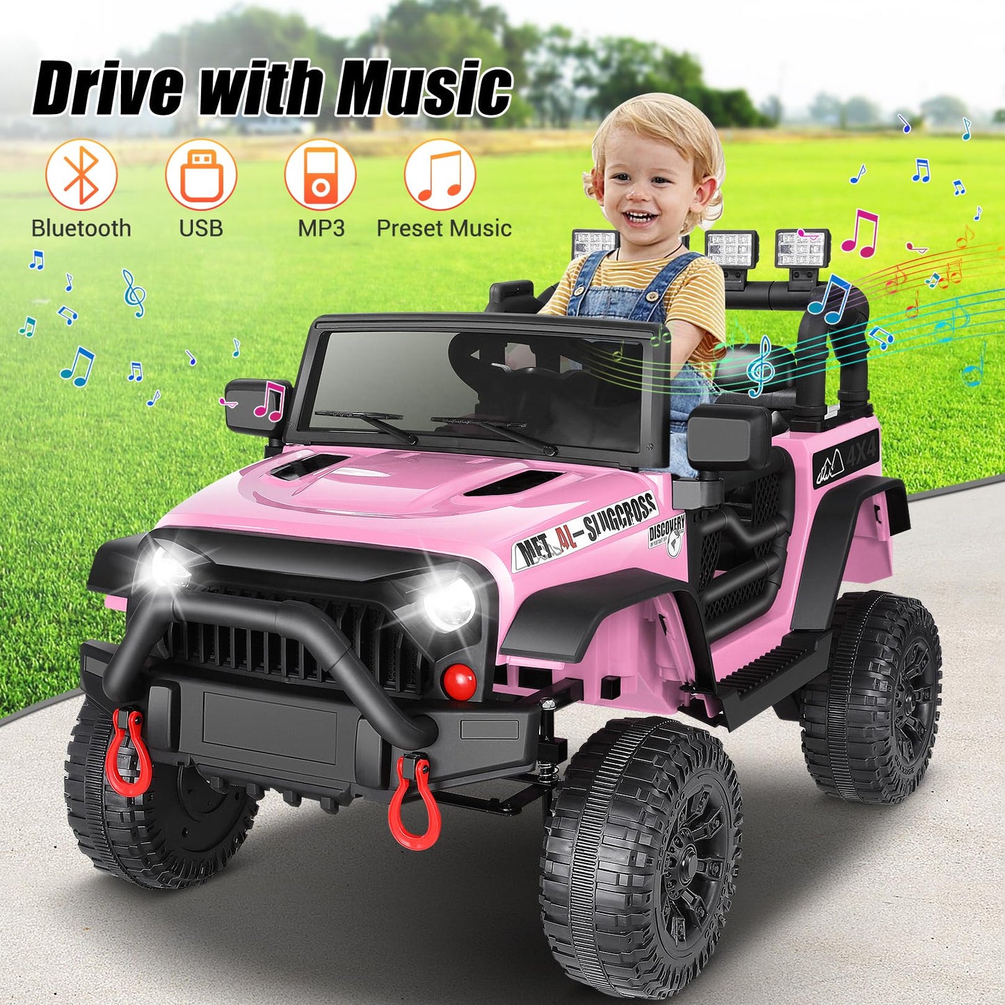 Hikole Kids Ride On Car Truck With Remote Control, 12V Electric Car For Kids, Battery Powered Cars W/Safety Belt,3 Speeds, Spring Suspension, Pink Jeeps Car For Girls